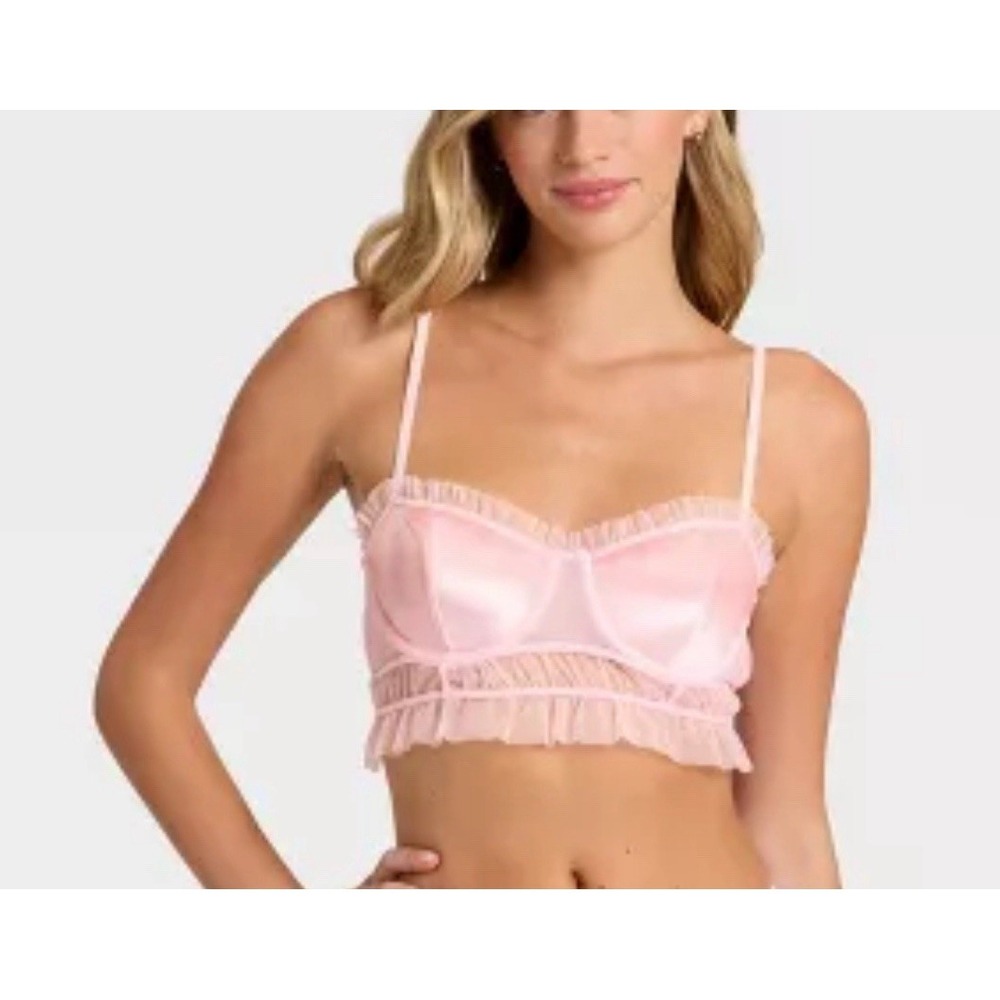 Size XL 16 Women's Velvet & Mesh Pleated Lingerie Bralette Corset- Pink -Auden